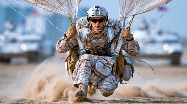 Soldier lands after parachuting in military training exercise with tanks in the background on sandy terrain