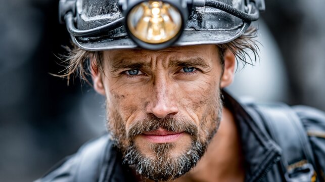 Coal miner works underground wearing a helmet with a light in a mine during the day shift at a coal extraction site