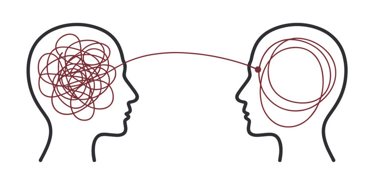 Two human head silhouettes facing each other with messy tangled red scribbles inside the brains connected by a thin line representing communication or transfer of thoughts and ideas