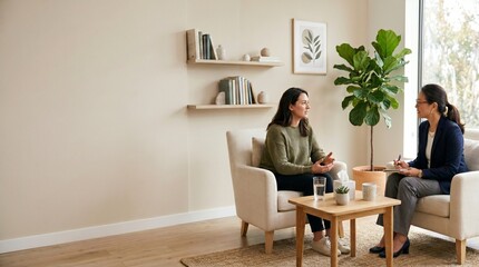 Fototapeta premium Realistic counseling session featuring warm human connection and serene modern wellness office aesthetic