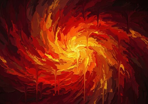 Abstract background depicting swirling, fiery colors, thick texture, and dripping paint suggestive of an infernal atmosphere and intense heat, disaster, fiery, energetic