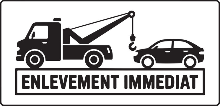 Towing truck hook lifting car symbol on black sign indicating immediate vehicle removal for restricted parking zone safety alert.