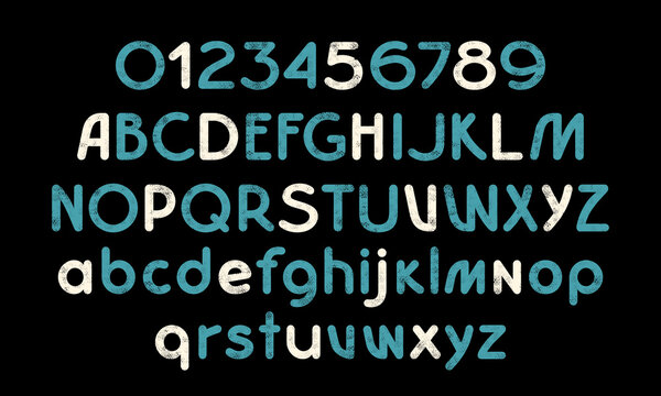 Decorative soft sans serif font with rounded corners. Letters and numbers for emblem and label design. Color print on black background