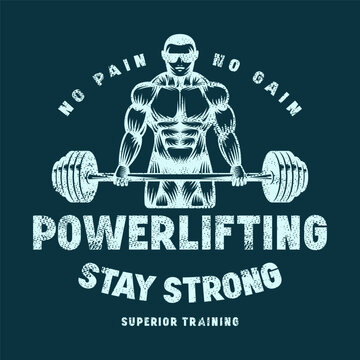 Emblem with powerlifter silhouette. Gym, workout, bodybuilding and athletic  theme. Graphic design with rough texture for t-shirt. Blue print on dark background