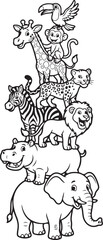 Obraz premium Coloring book page for kids with African safari animals stack. Cute wildlife line art collection. Elephant, hippo, lion, zebra, giraffe, monkey, toucan, leopard vector illustration. Zoo animals group 