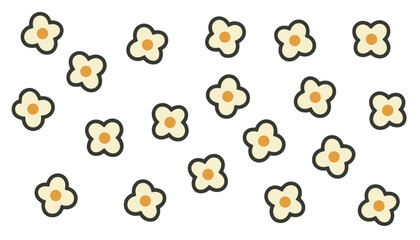 Fototapeta premium Seamless pattern of stylized cream colored popcorn kernels with dark outlines and golden yellow centers arranged on a plain white background for food themed projects