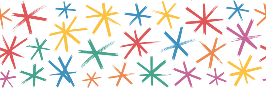 Seamless pattern of hand drawn colorful star shapes with rough brush stroke texture on a white background featuring red yellow blue green and pink asterisk symbols scattered across the surface