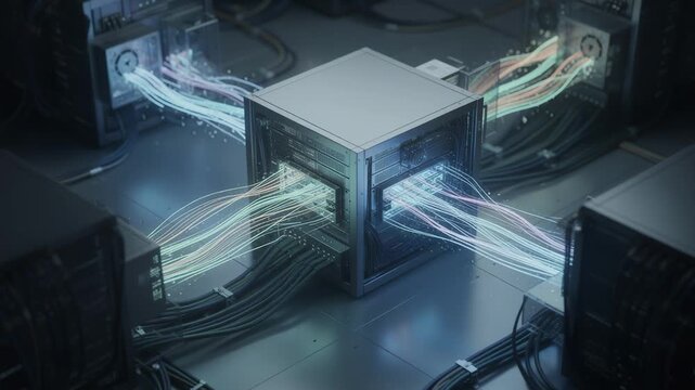Institutional node server panel illustrating secure blockchain fund registry activity token flow sharp and background systems out of focus.