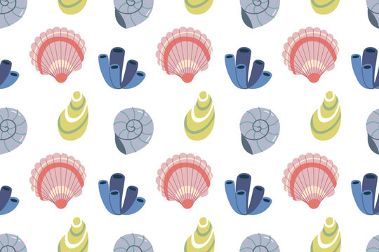 Cute Seashells and Sea Sponge Seamless Pattern Vector illustration