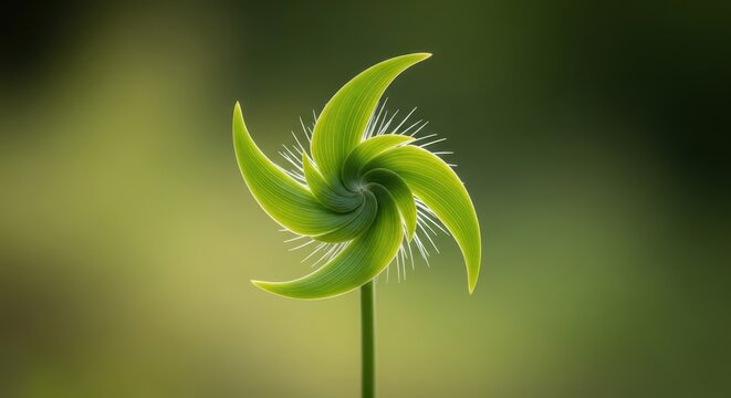 Unique green plant structure resembling spinning propeller blades, captured in a detailed macro shot outdoors showing nature's design, rotation, fresh, summer