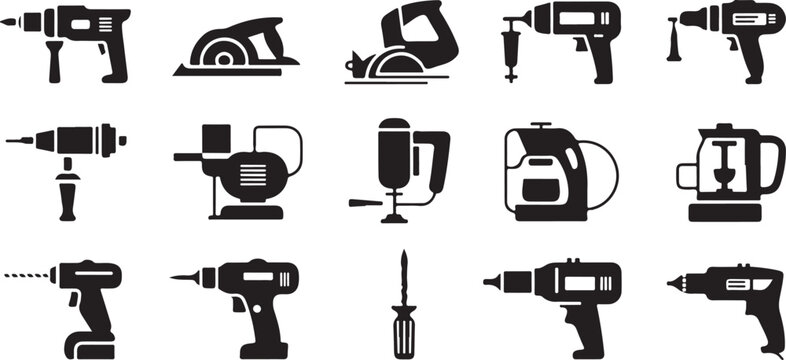 Industrial power tools and household appliance icons featuring electric drills circular saws and kitchen machines for workshop.
