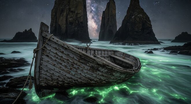 An abandoned wooden rowboat washed ashore on a rocky beach at night, surrounded by glowing green bioluminescent water and tall dark sea stack rock formations under a starry sky