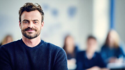 Obraz premium Smiling male teacher in a classroom setting with students blurred in the background.
