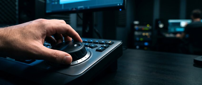 Close-up of a hand adjusting a control knob on a professional editing console in a dark studio