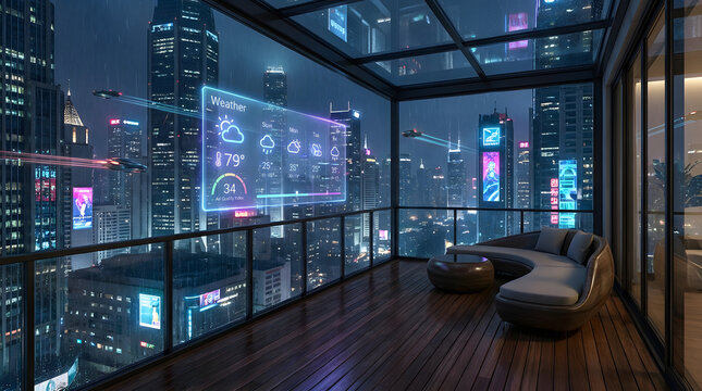 Futuristic apartment balcony with a smart holographic weather display overlooking a vibrant cityscape at night