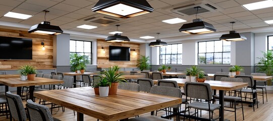 Fototapeta premium Sustainability training room with natural materials and potted plants prepared for interviews