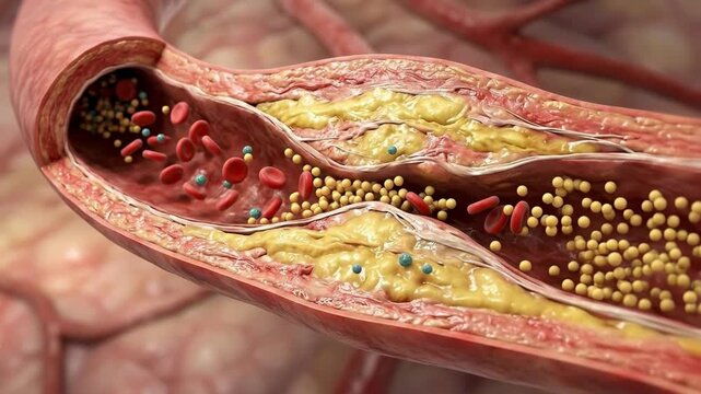 Vascular health impairment: artery lumen, plaque accumulation, cholesterol deposit, blood flow, vessel wall, lipid particle, heart risk, disease factor, circulatory system, medical illustration.