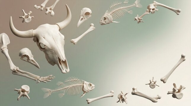 Various animal skeletons and bones scattered against a gradient background, including bull skull, bird skull and limbs, fish skeletons, and vertebrae