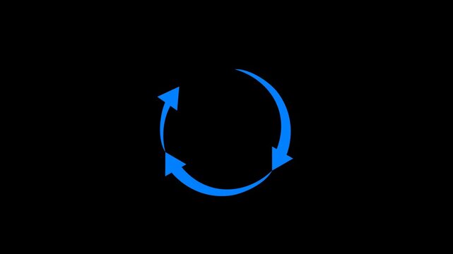 animation of three blue arrows rotating in a circle on black alpha channel background.