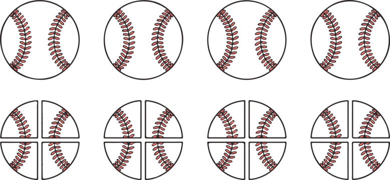 Baseball ball icons collection with full round shapes and quarter segmented variations for sports team logo graphic elements set.