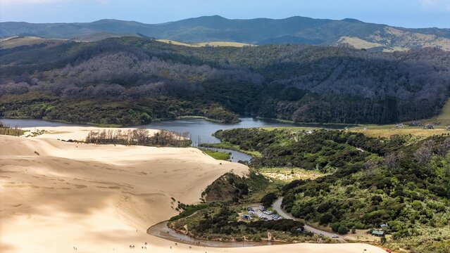 Aerial View of Te Paki Sand Dunes and Ninety Mile Beach Waves