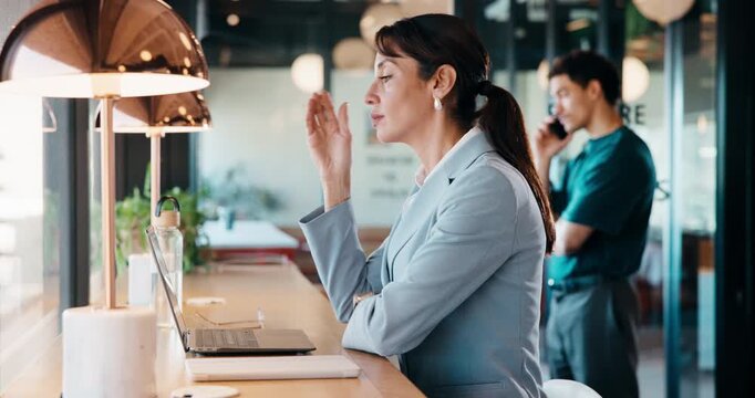 Headache, overthinking and woman in office with laptop, tiredness or pain with brain fog. Overwhelmed, tech and person in agency with migraine pressure, fatigue strain or sore head with dizziness.