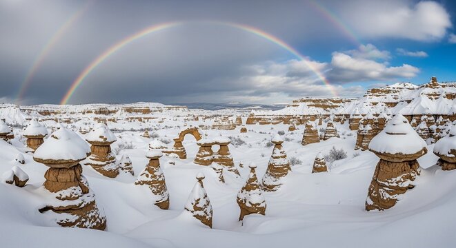 A wide panoramic view of a desert valley filled with unusual hoodoo rock formations covered in deep snow under a large double rainbow