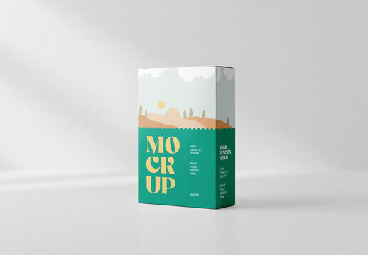 Cardboard product box packaging mockup standing on a clean white surface with soft window light shadow background