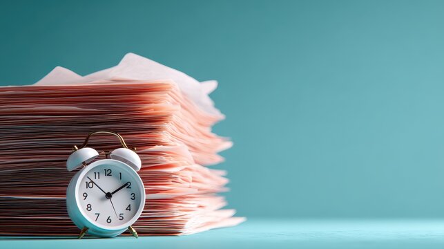 A stunning image of White alarm clock next to a stack of paperwork on a teal background, deadline concept