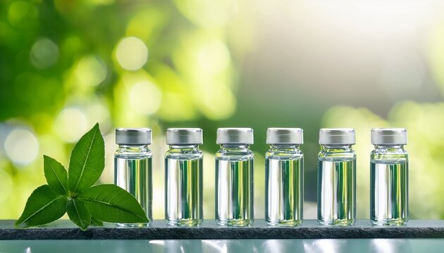 five glass vials transparent liquid silver cap cosmetic peptide ingredient laboratory clean bright natural light green leaf