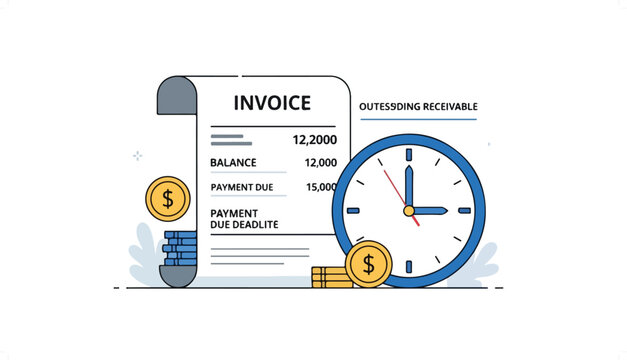 Illustration of an invoice document with outstanding receivable, a clock, and dollar coins, representing financial management and timely payments.