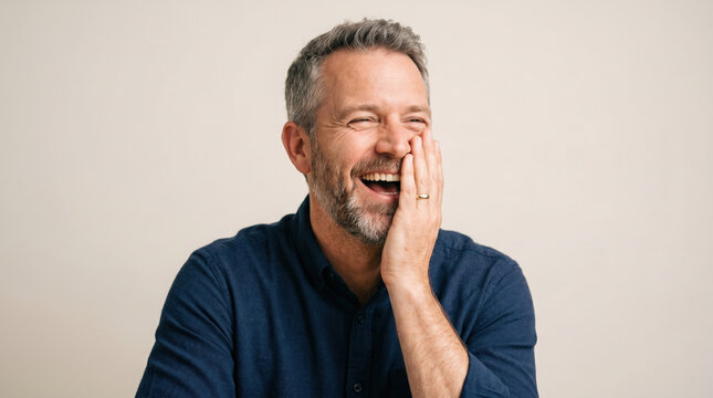Joyful man laughs heartily covering his mouth with his hand duri