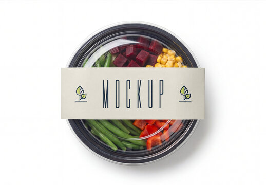 Top view of a round plastic salad bowl packaging mockup with a paper sleeve label isolated on a white background