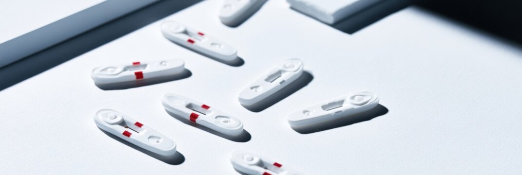 Ovulation test strips are shown in a minimal layout on a white surface with clear studio light, suitable for medical marketing purposes.
