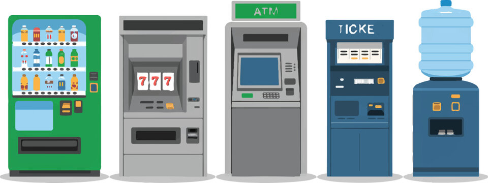 Set of automated self service machines vending machine atm ticket kiosk and large water cooler dispenser isolated objects shop.