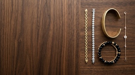 Fototapeta premium Assortment of luxury bracelets laid out on a dark wooden surface
