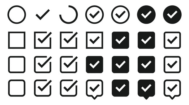 Checkmark icons in various square and circular styles provide a comprehensive selection for digital form field interaction.