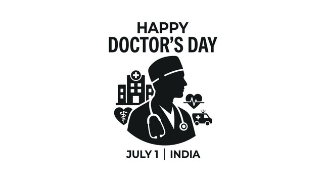 Doctor silhouette stands beside medical icons in a professional graphic design honoring healthcare workers in India today.