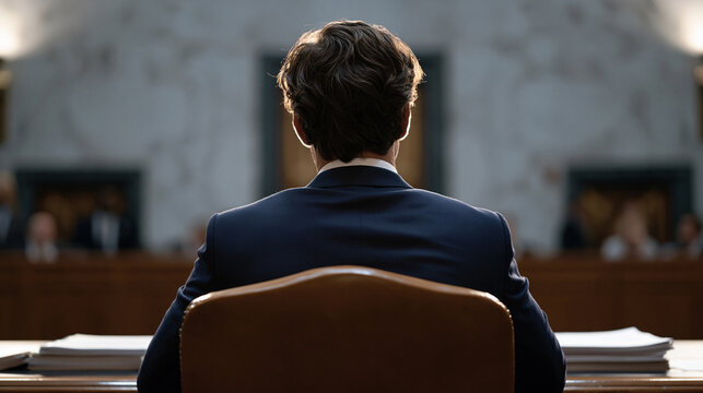 Whistleblower seated alone at congressional testimony table under harsh hearing room lighting, document folders stacked before them as senators lean forward from elevated bench positions in the high