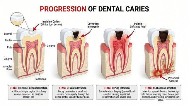 Four stages of dental caries progression diagram