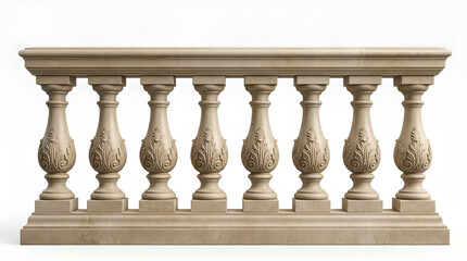 Fototapeta premium Ornate Stone Balustrade with Decorative Balusters Isolated on White Background, Classical Architectural Railing