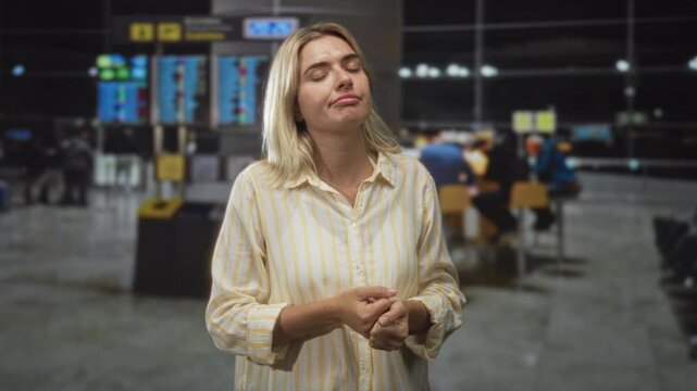 Young blonde woman shrugging with bare hands and palms up at an airport terminal check in area, eyes closed in a simple pose; resignation.