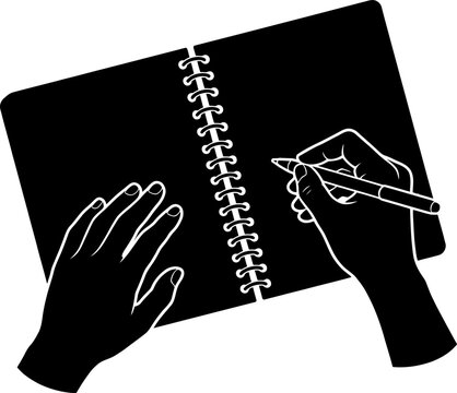 Hands writing in open notebook vector illustration with writing pad note taking writing process back to scho