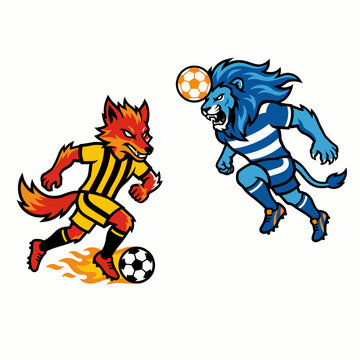 Fire Lion Versus Ice Lion Soccer Match Illustration Containing fantasy animal mascots football competition theme and dynamic sports action