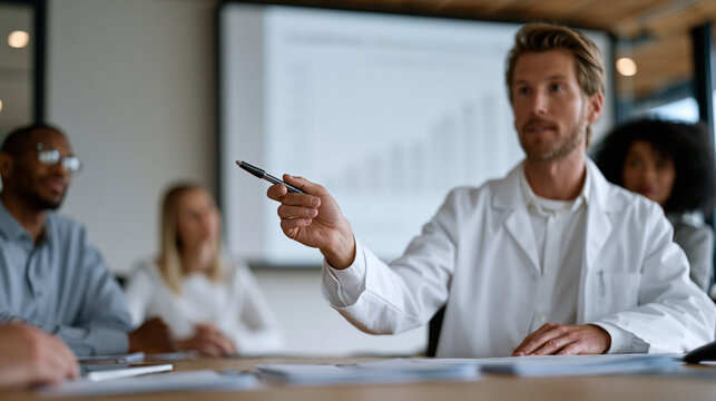 Formulary safety subcommittee reviewing adverse event frequency data on projected slide, printed drug interaction summary packets distributed at hospital conference table, department head pointing t