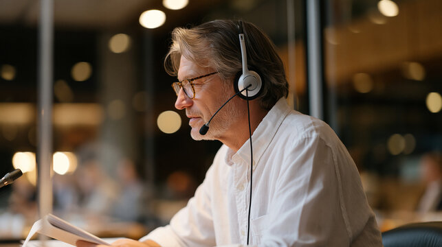 Foreign ministry interpreter seated behind glass booth during multilateral summit session, translation headset on and legal pad open as diplomats exchange formal statements at the main conference ta