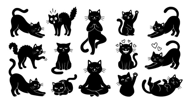 Creative cartoon cat silhouette vector set with yoga and emotion illustrations