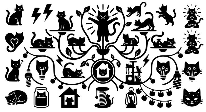 Black cartoon cat pose and emotion collection vector illustration