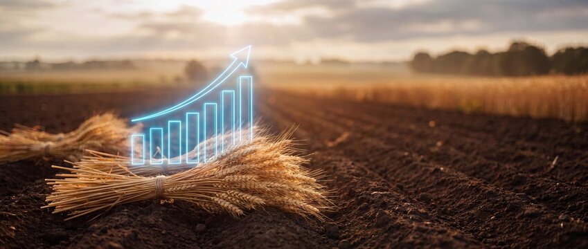 Upward financial graph glowing over a ripe wheat bundle on soil at sunset indicating farm prosperity