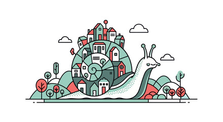 Cartoon snail with houses on its shell © Stone